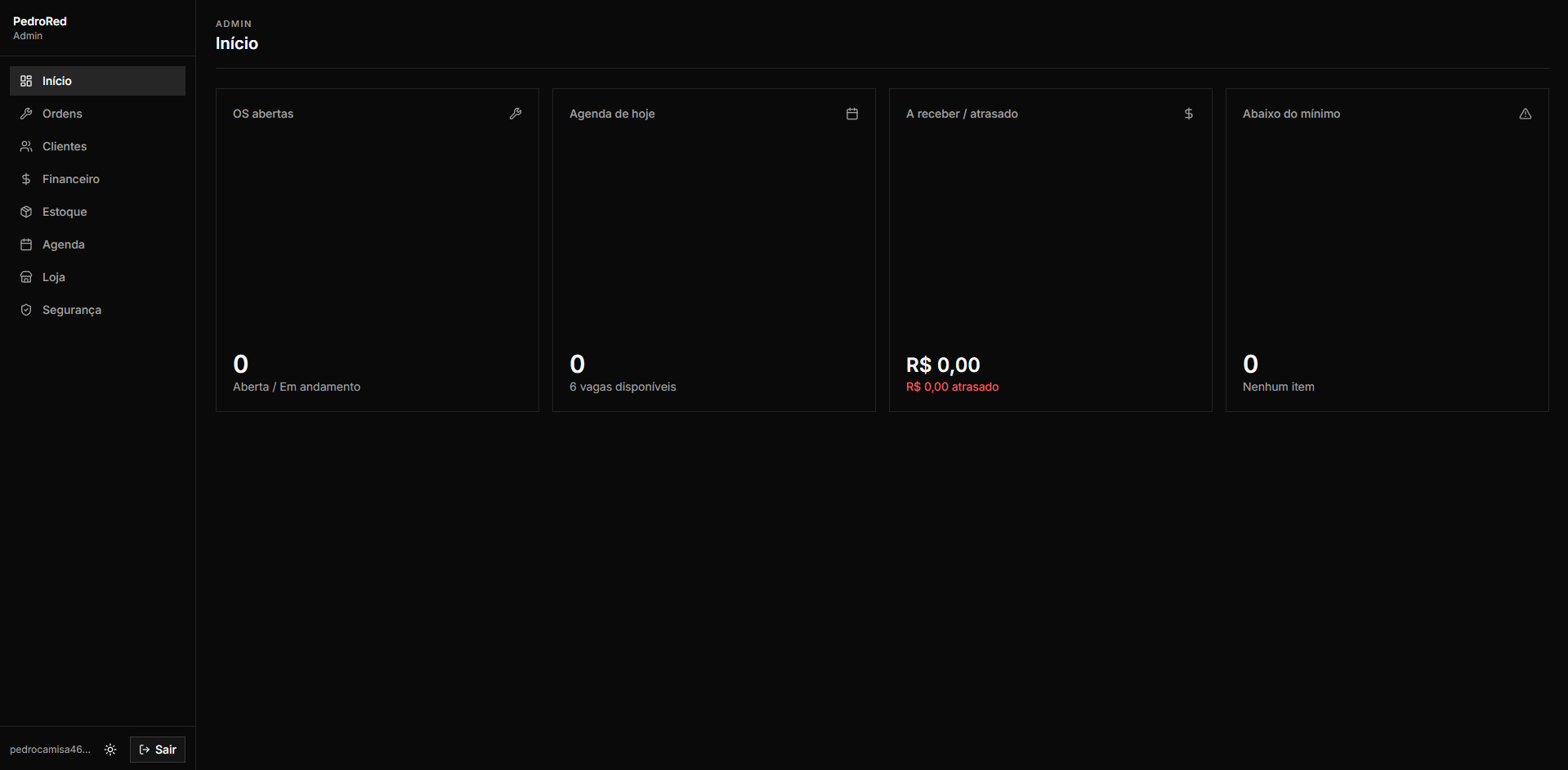 Painel admin do Pedro Red — ordens de serviço, estoque, financeiro e loja