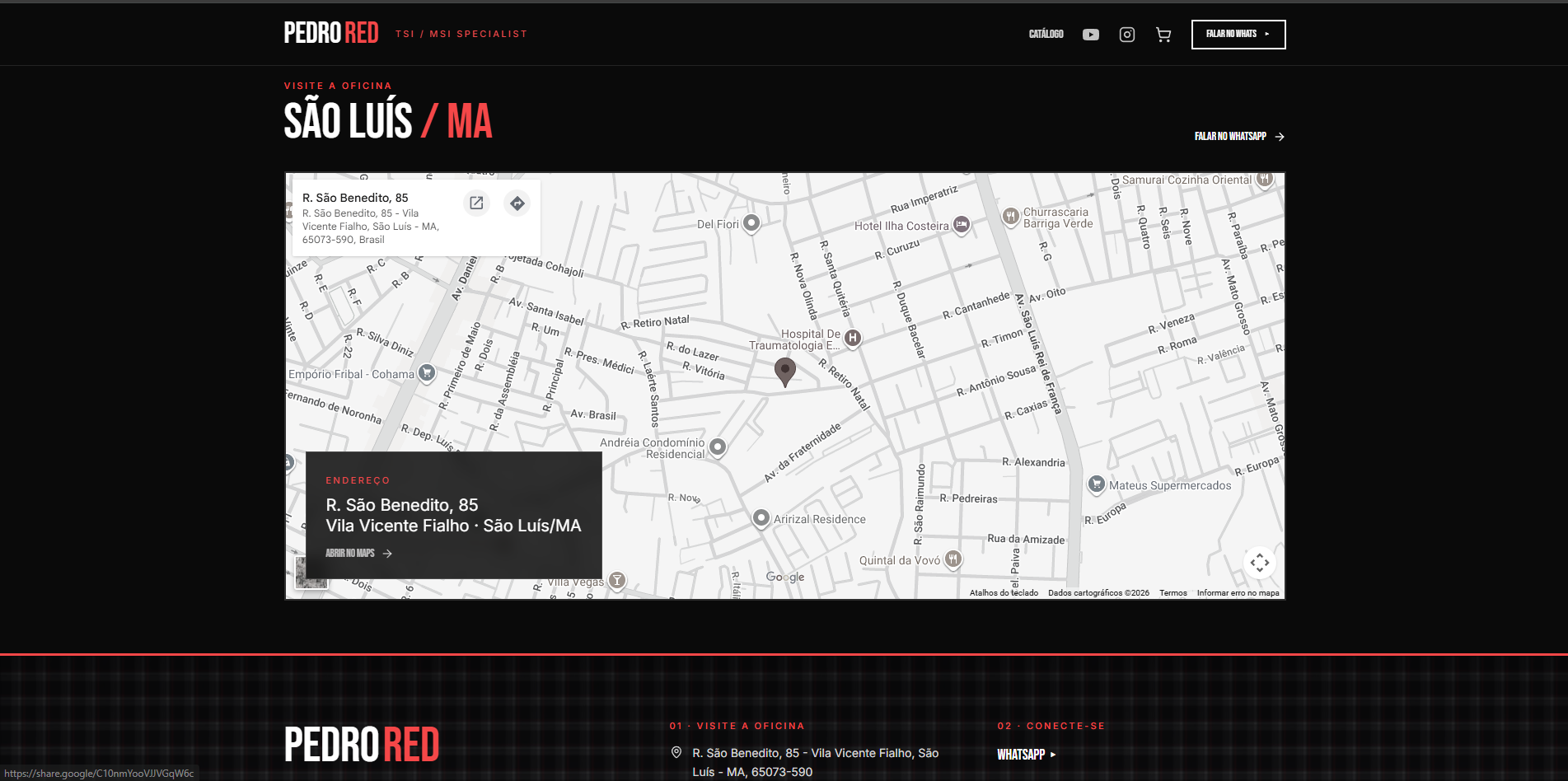 Site institucional do Pedro Red com mapa da oficina em São Luís/MA